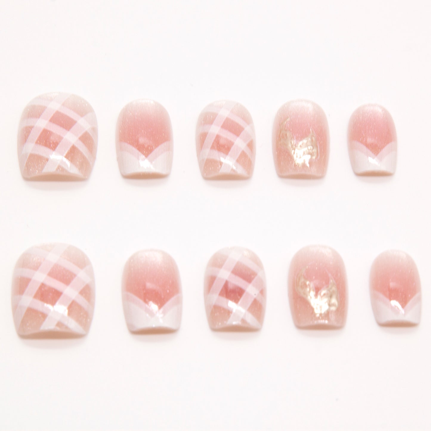 Handmade Short Peach Pink Grid Painting Design Press On Nails|Peach PinkNails|Press On Nails|Fake Nails