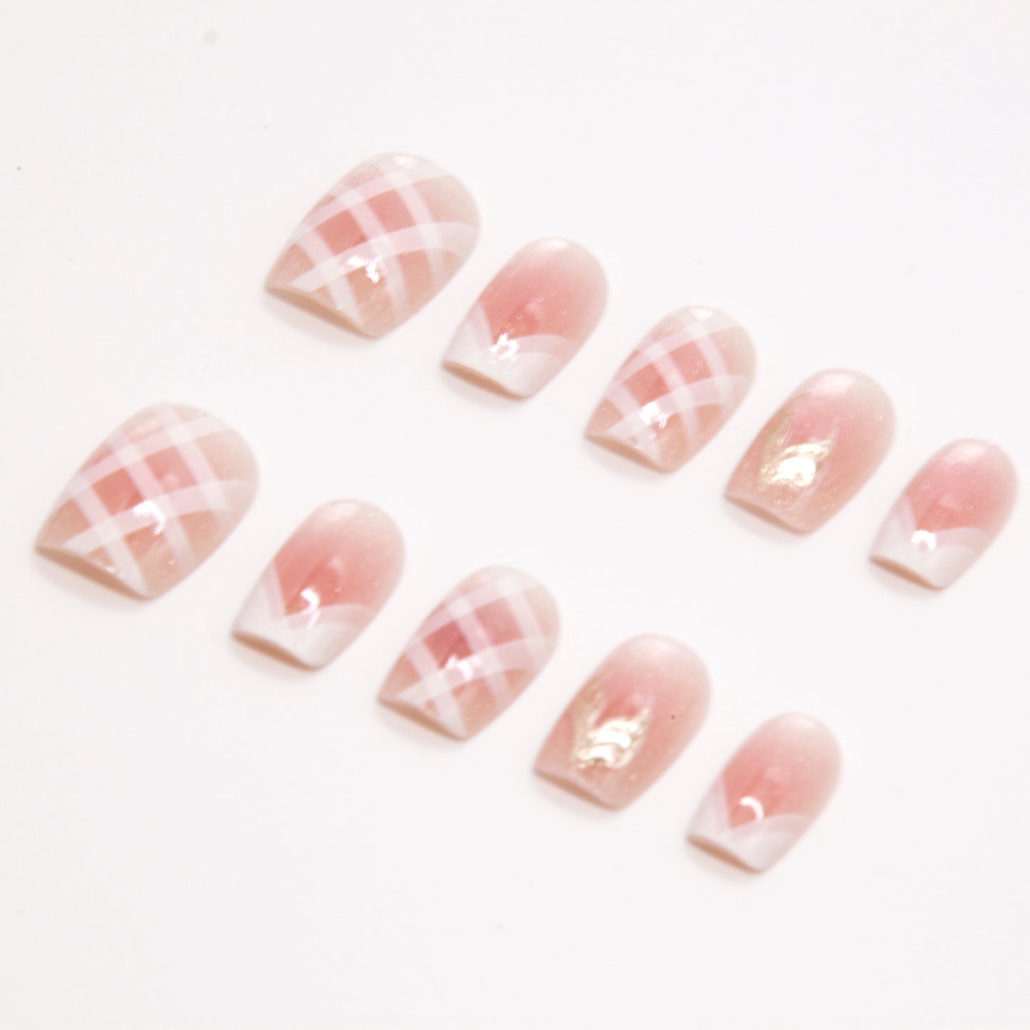 Handmade Short Peach Pink Grid Painting Design Press On Nails|Peach PinkNails|Press On Nails|Fake Nails