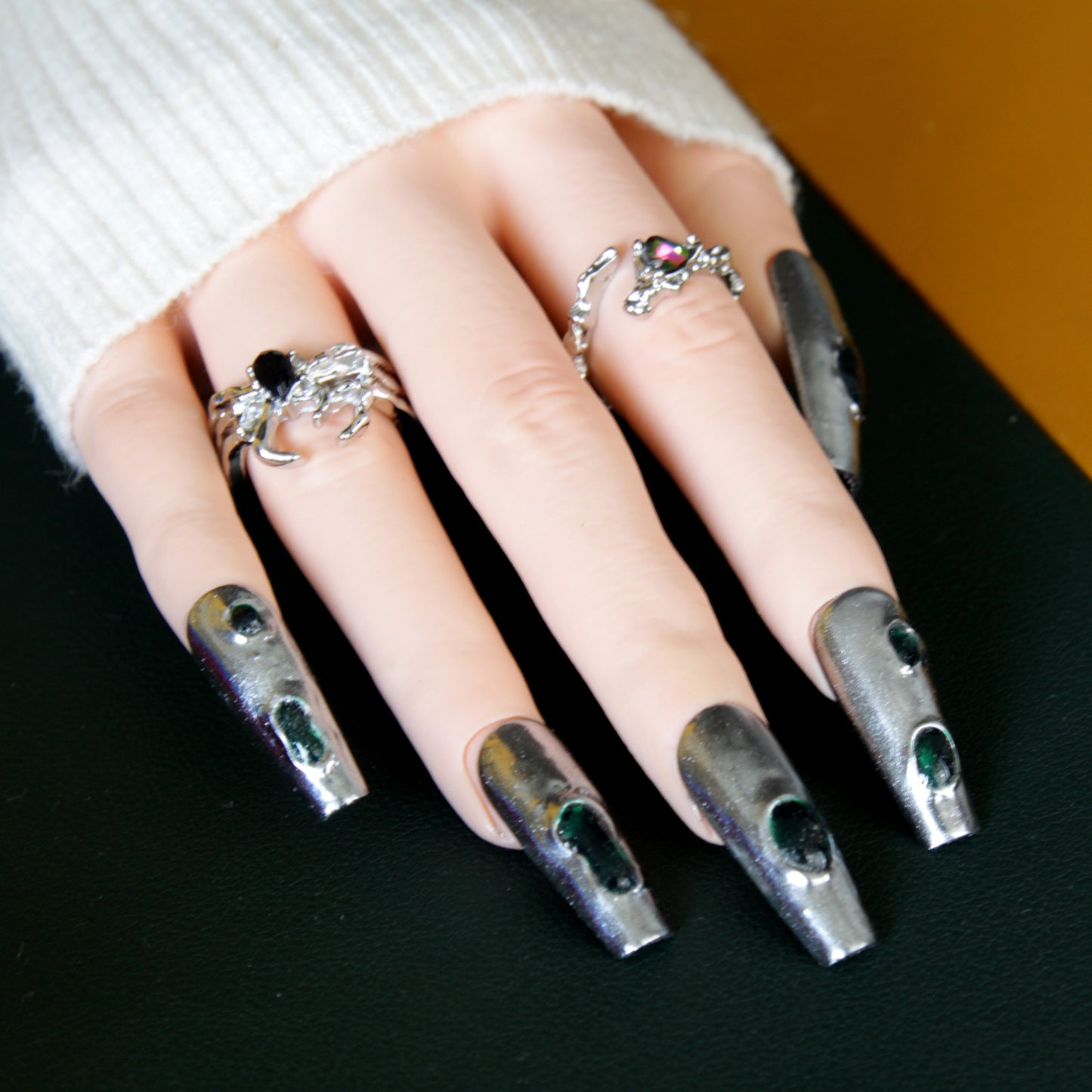 Hot Selling  Long Silvery Gemstone inlay Press On Nails|SilveryNails|Press On Nails|Fake Nails