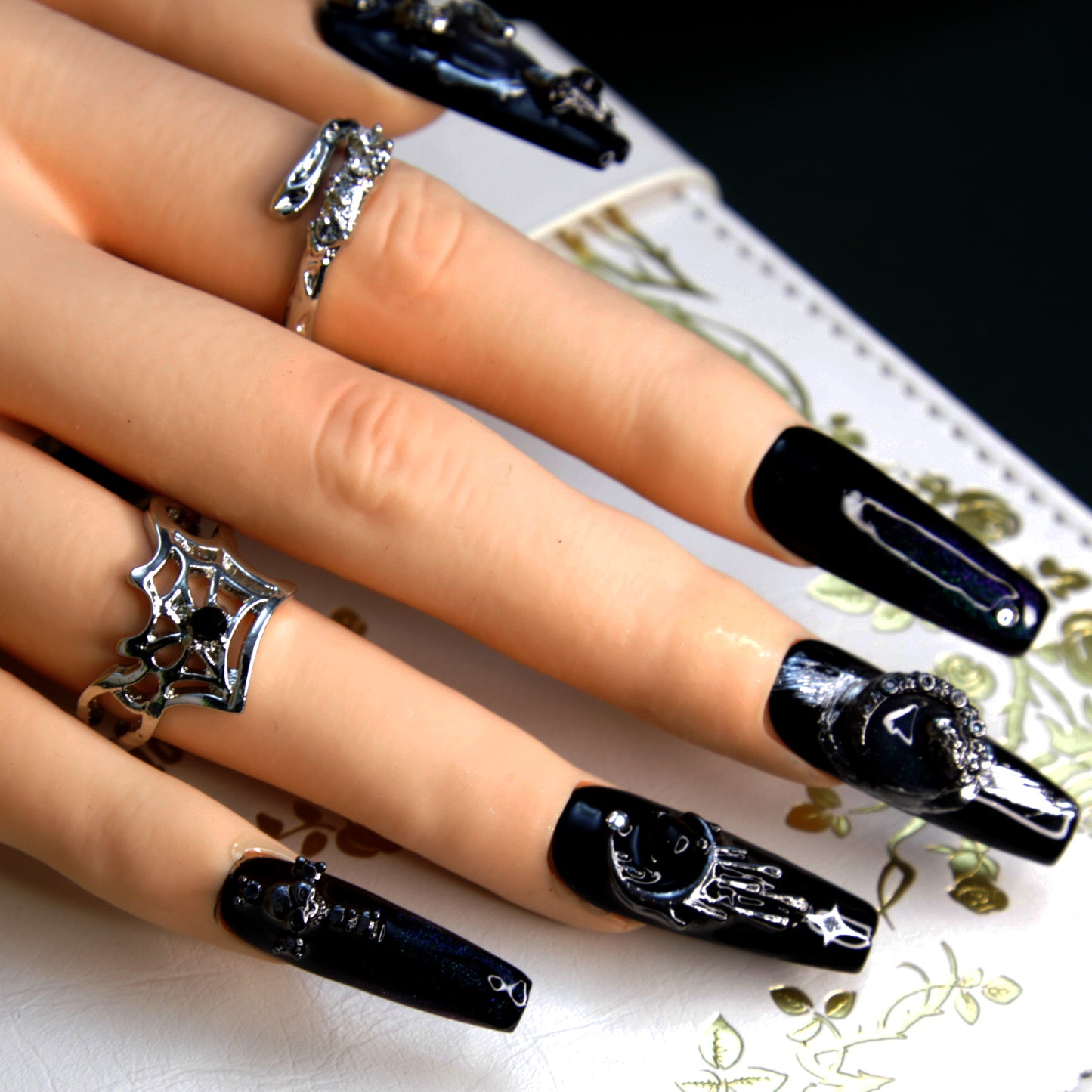 New Version Long Dark Black Gothic Punk Rock Press On Nails|Dark BlackNails|Press On Nails|Fake Nails