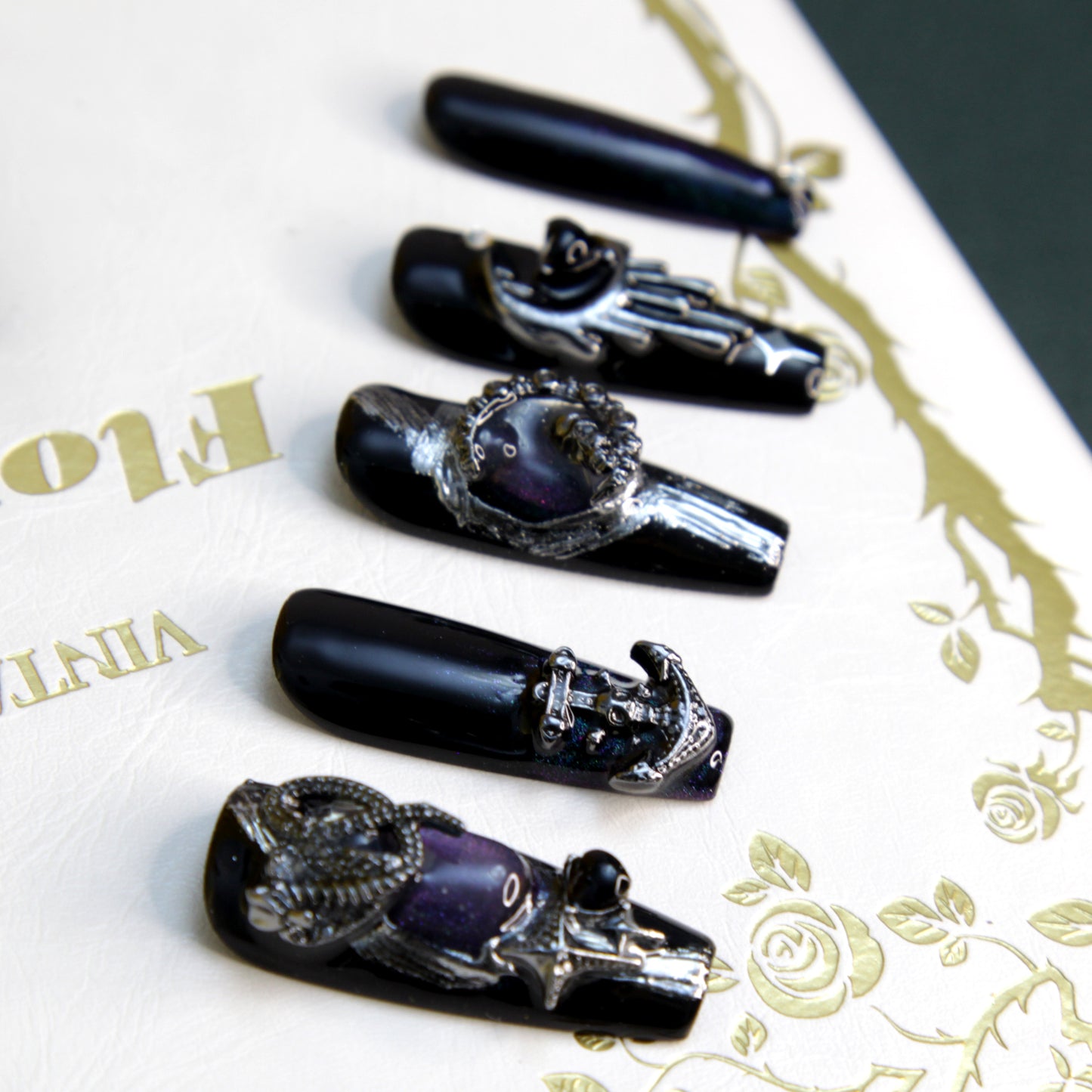 New Version Long Dark Black Gothic Punk Rock Press On Nails|Dark BlackNails|Press On Nails|Fake Nails