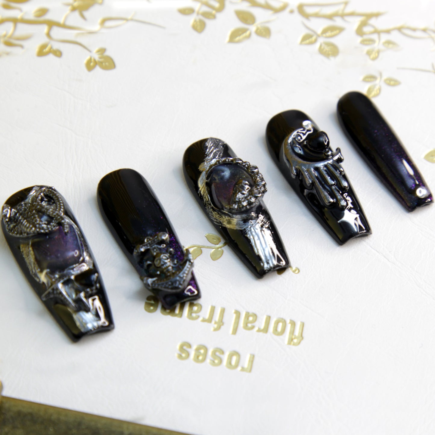 New Version Long Dark Black Gothic Punk Rock Press On Nails|Dark BlackNails|Press On Nails|Fake Nails