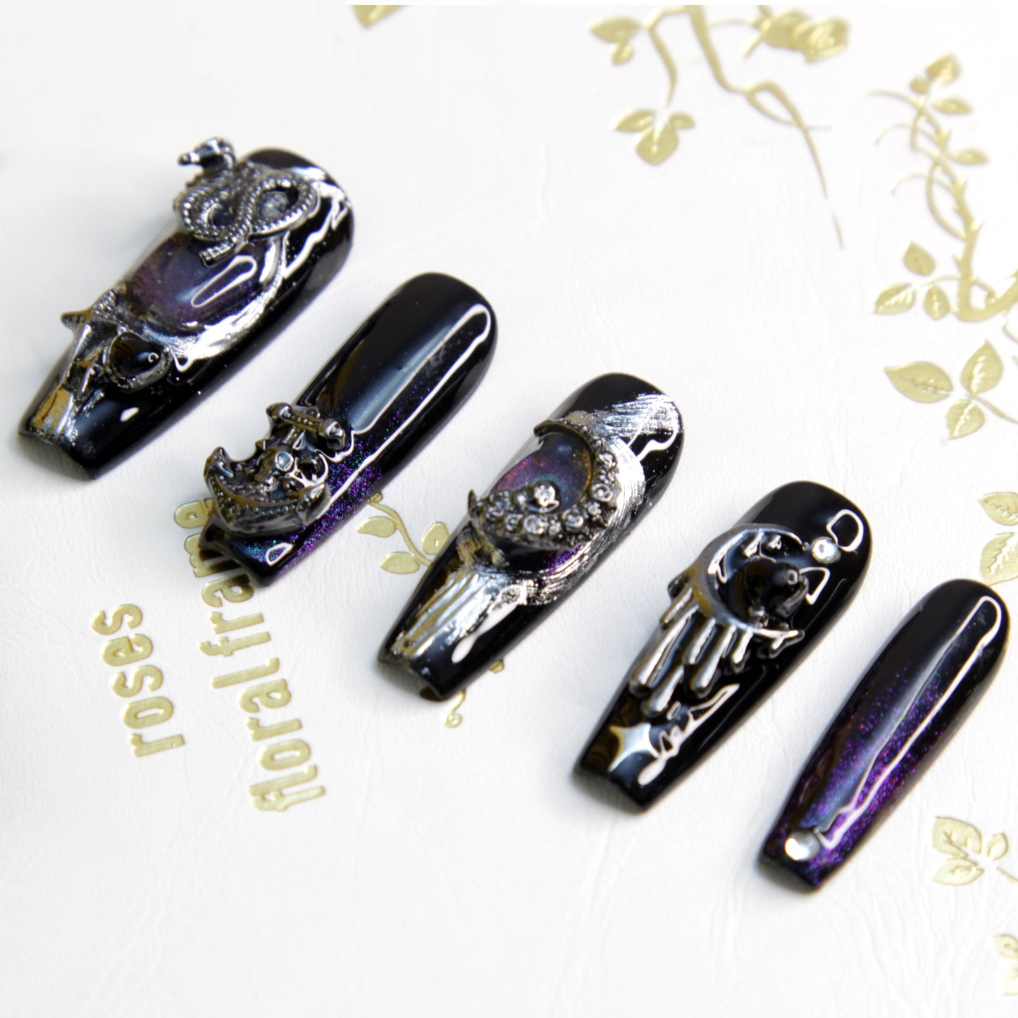 New Version Long Dark Black Gothic Punk Rock Press On Nails|Dark BlackNails|Press On Nails|Fake Nails