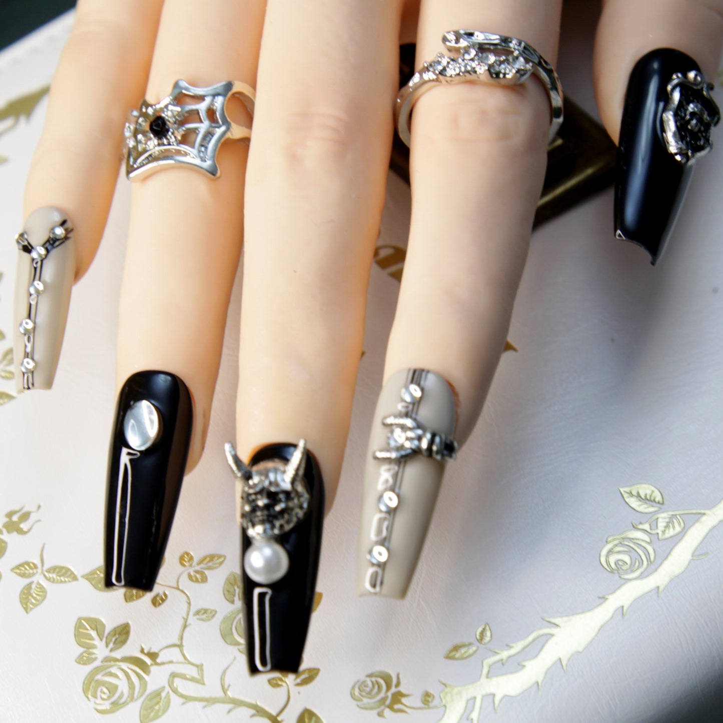 Trend Middle long Black White Mix Color Gothic Punk Rock Press On Nails|Black White Mix ColorNails|Press On Nails|Fake Nails