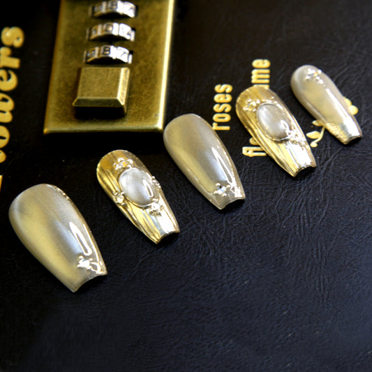 Summer HOT! Middle long Golden Noble and Elegant Style Press On Nails|GoldenNails|Press On Nails|Fake Nails