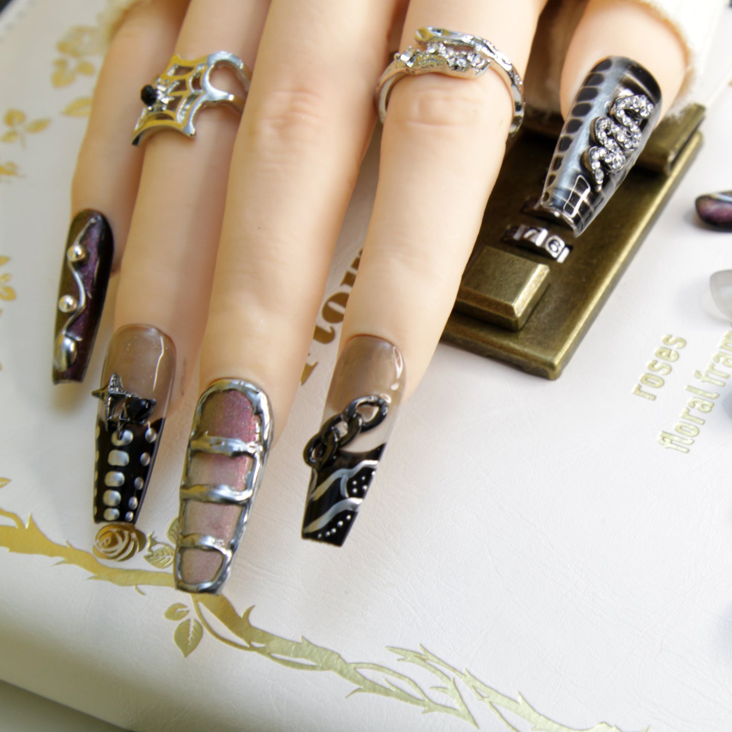 New Version Middle long Dark Series Gothic Punk Rock Press On Nails|Dark SeriesNails|Press On Nails|Fake Nails