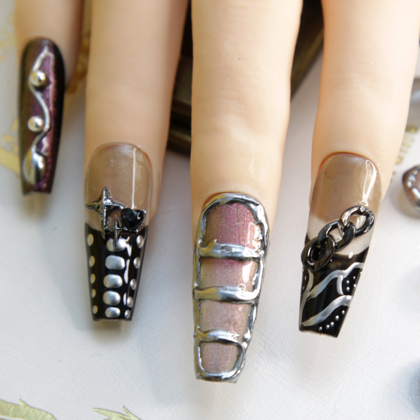 New Version Middle long Dark Series Gothic Punk Rock Press On Nails|Dark SeriesNails|Press On Nails|Fake Nails