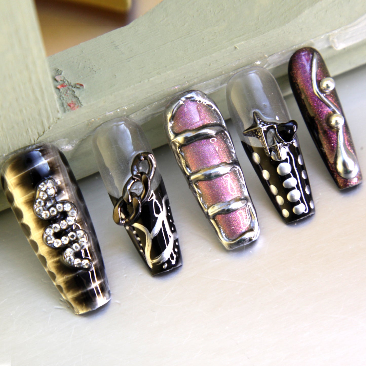 New Version Middle long Dark Series Gothic Punk Rock Press On Nails|Dark SeriesNails|Press On Nails|Fake Nails