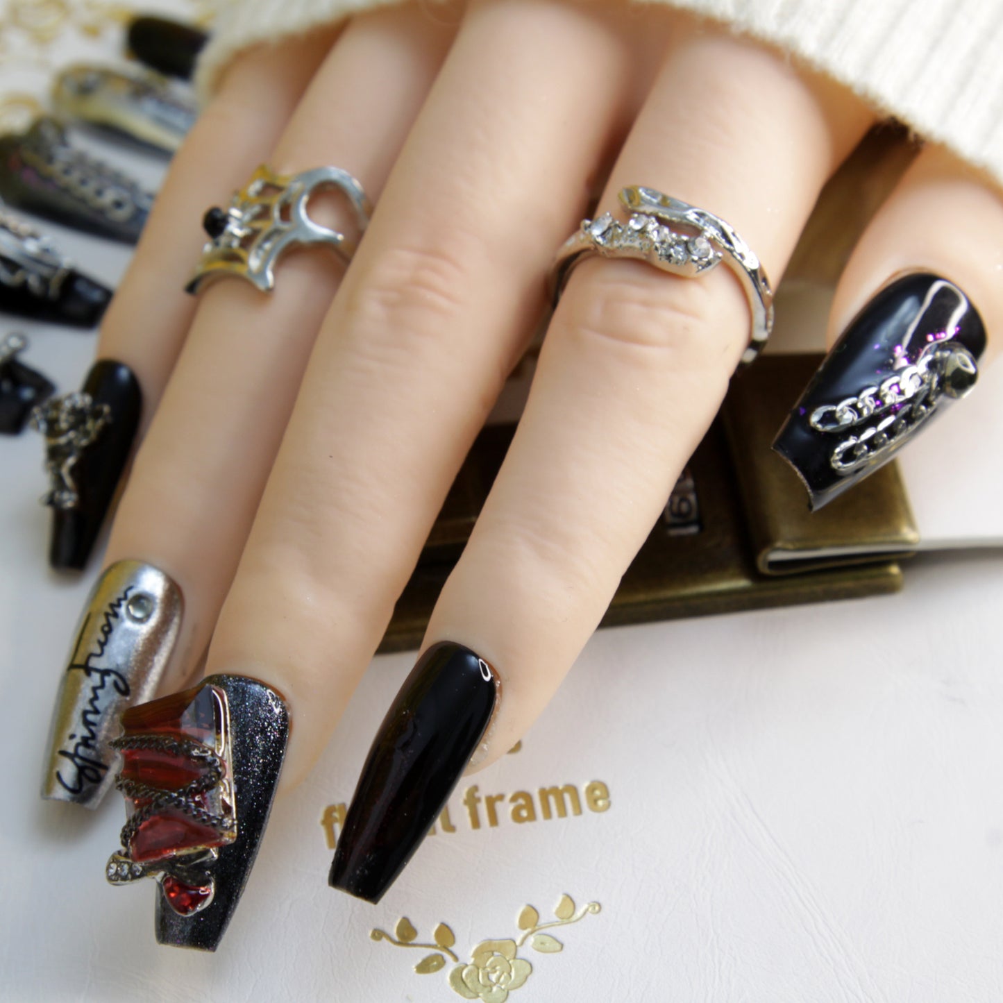 Hot Selling  Middle long Dark Black Gothic Punk Rock Press On Nails|Dark BlackNails|Press On Nails|Fake Nails