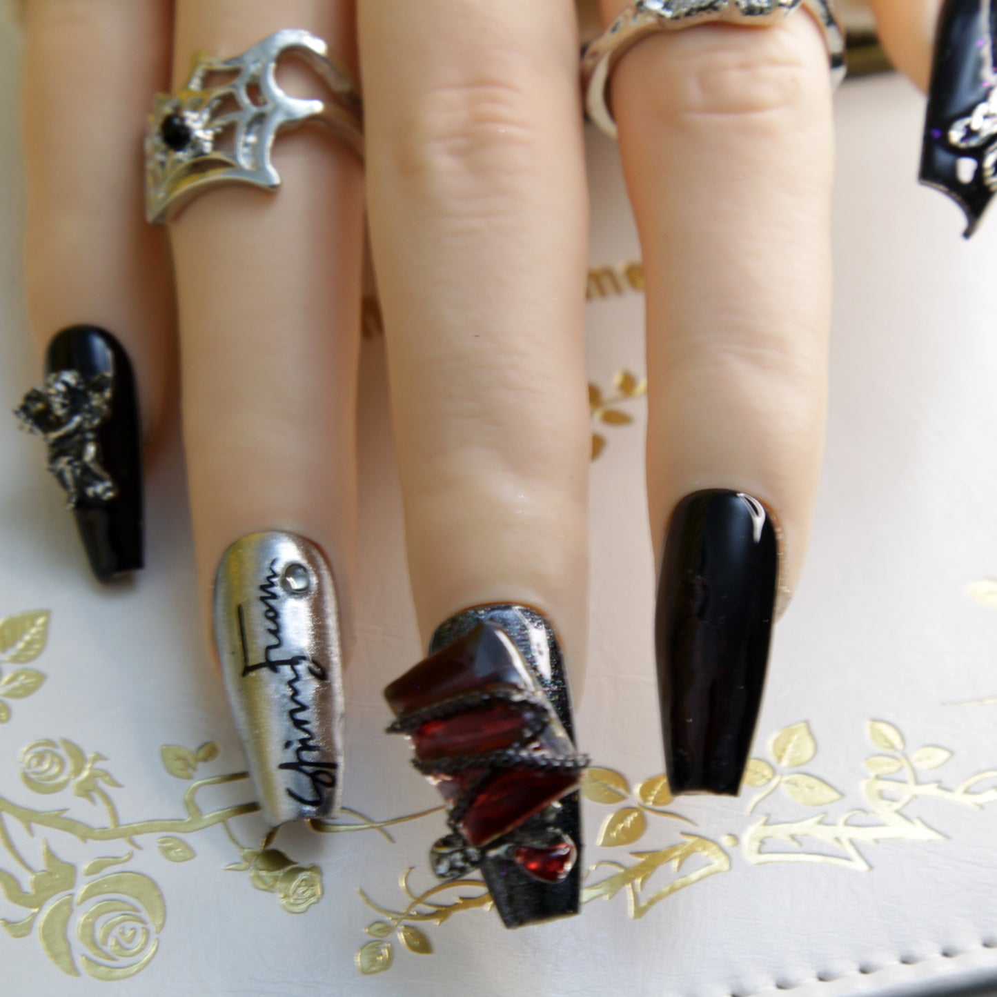 Hot Selling  Middle long Dark Black Gothic Punk Rock Press On Nails|Dark BlackNails|Press On Nails|Fake Nails