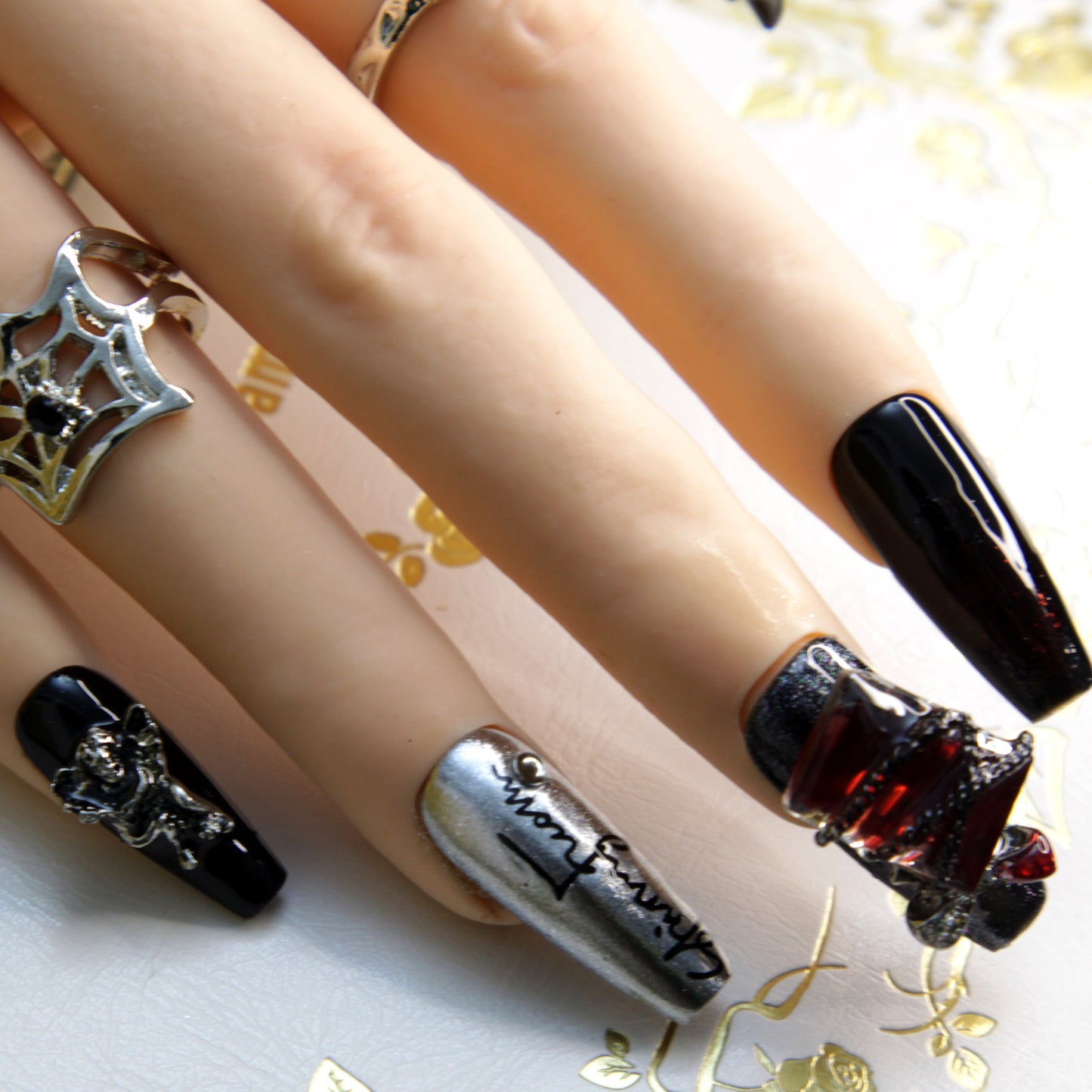 Hot Selling  Middle long Dark Black Gothic Punk Rock Press On Nails|Dark BlackNails|Press On Nails|Fake Nails