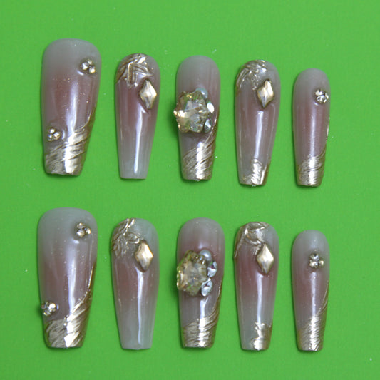 Beautiful Long Red Bean Soup Diamond inlay Press On Nails|Red Bean SoupNails|Press On Nails|Fake Nails